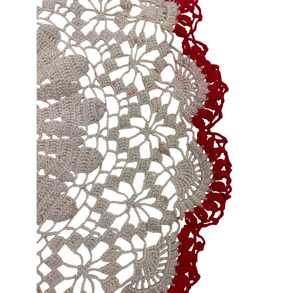 Handmade Crochet Doily Beige Center With Red Edging 11" Round Tabletop Decor - Picture 7 of 8